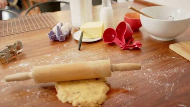 Baking utensils with cookies dough lying on countertop in kitchen at home, slow motion