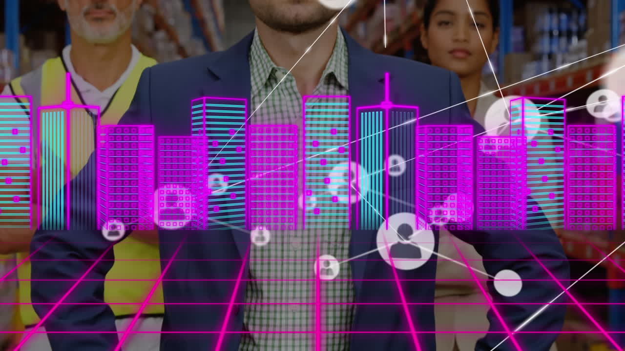 animación de la red de conexiones entre diversos grupos de trabajadores del almacén