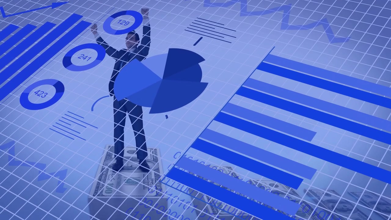 On data appearing, biz analyst on platform raising arms aligning pie ring charts updating metrics