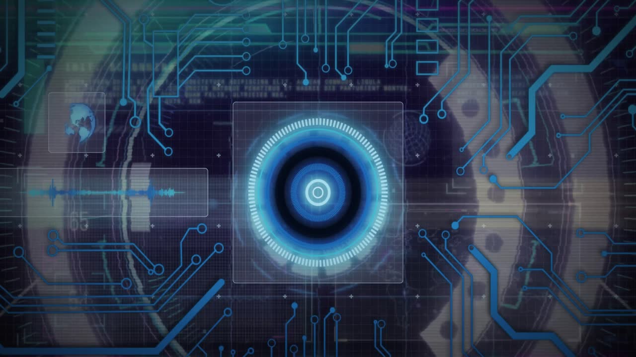Animation of data processing with scope scanning on black background