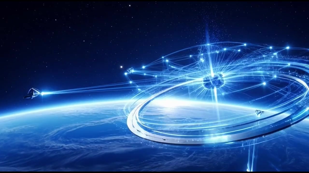 Futuristic Space Station Orbiting Earth with Glowing Data Network