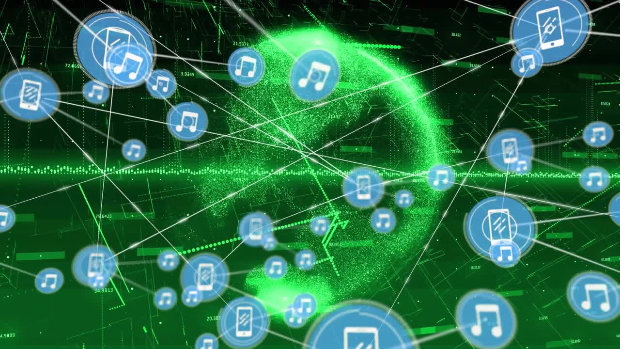 Blue device centering on wave starting white lines with music+phone icons growing, showing network