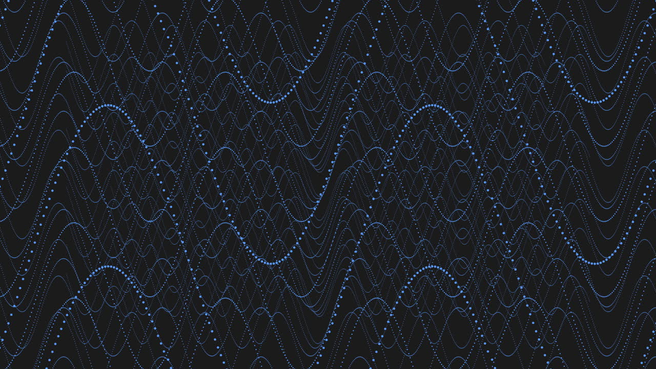 Repetitive black and blue wave pattern with short blue dotted lines and long diagonal black strokes creates a visually intricate design