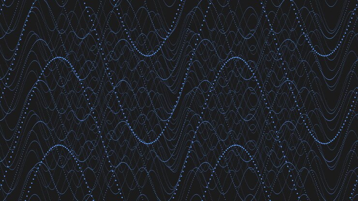 Repetitive black and blue wave pattern with short blue dotted lines and long diagonal black strokes creates a visually intricate design