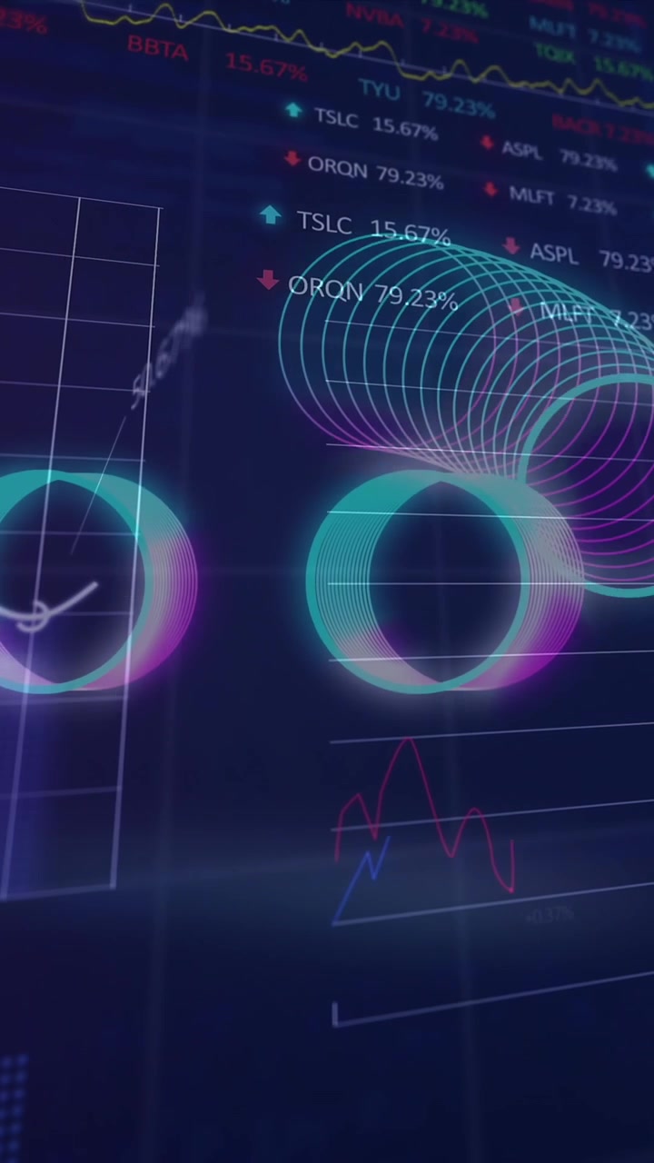 Animation of neon spiral shapes in seamless pattern over statistical, stock market data processing