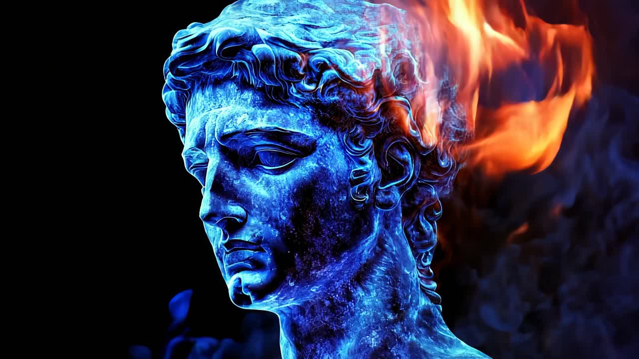 Glowing Ancient Bust in Flames