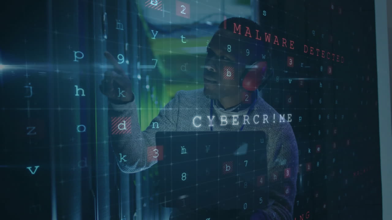 Cybersecurity threat detection animation over person using computer in dark room