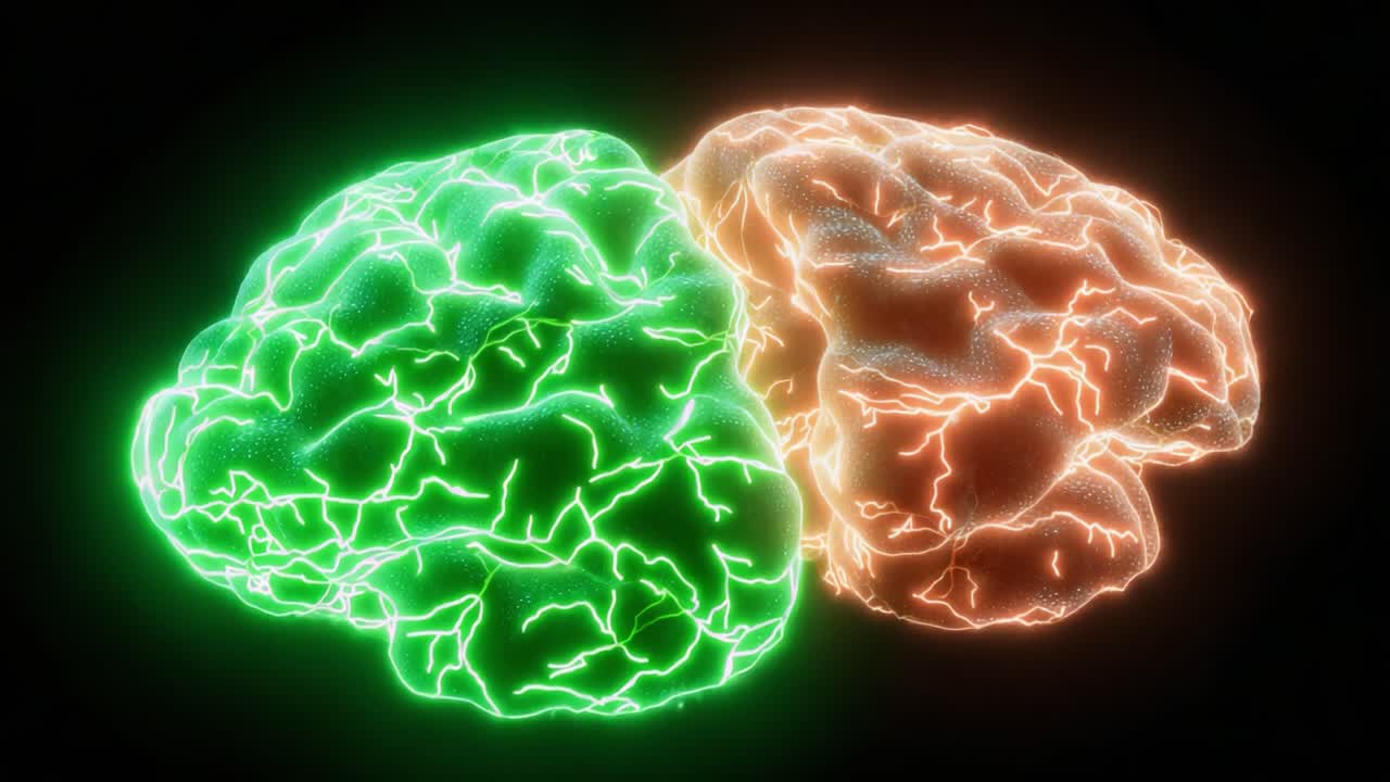 A Captivating Visualization of the Human Brain Representing Neural Activity, Connectivity, and Duality Through Energetic Green and Orange Light Patterns