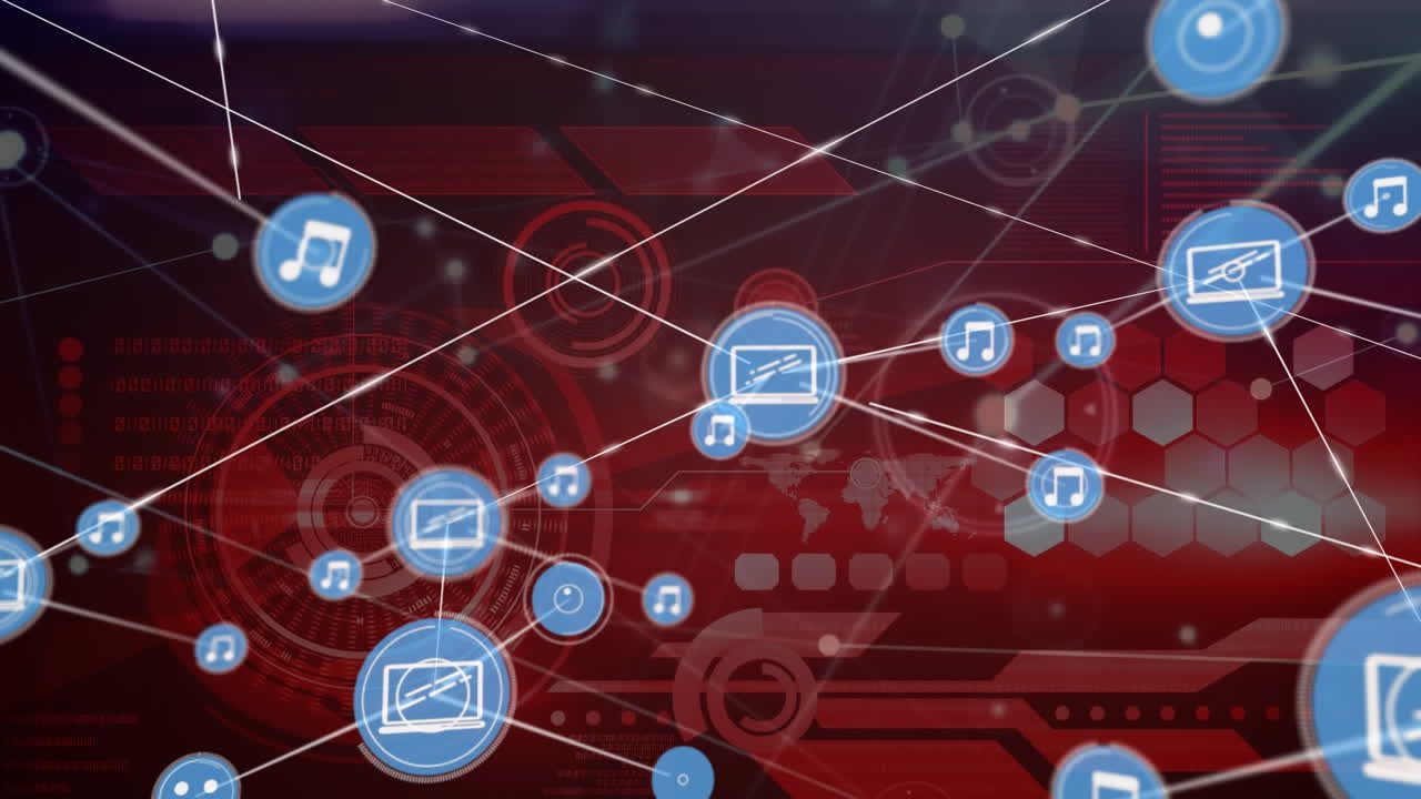 Animation of network of digital icons over interface with data processing against red background
