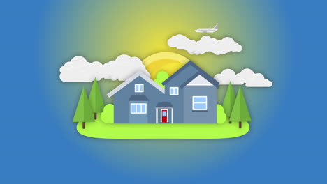 Eine-Animation-Eines-Flugzeugs,-Das-über-Ein-Gemütliches-Haus-Fliegt,-Mit-Bäumen,-Wolken-Und-Sonne-Vor-Blauem-Hintergrund