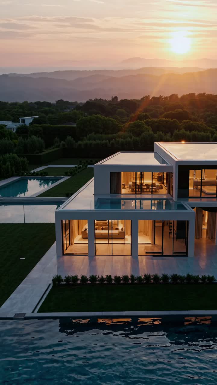 Aerial view of a modern luxury villa at sunset, showcasing sleek architecture and serene