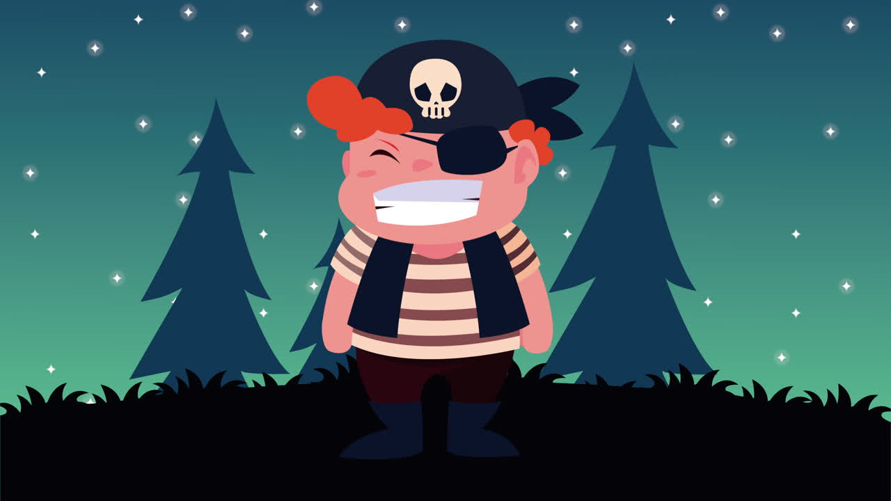 niño lindo disfrazado de pirata en el campamento