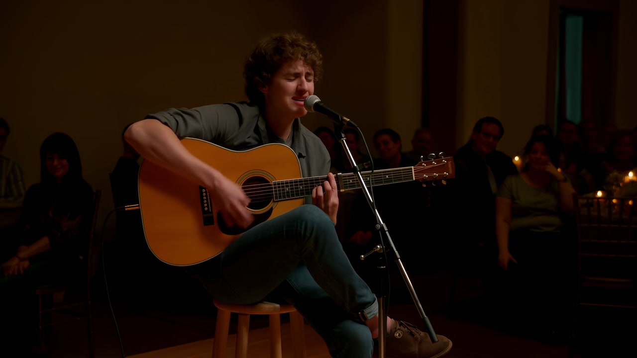 White Male Performing Acoustic Guitar In Candlelit Club, Intimate Solo Set With Microphone, Young Songwriter