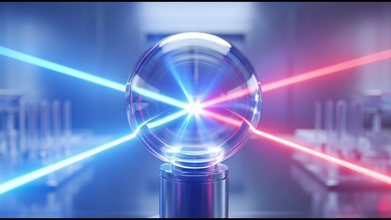 Røde og blå laserstråler konvergerende i en glaskugle