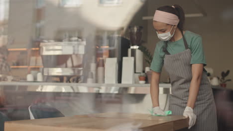 mixed-race waitress cleaning tables