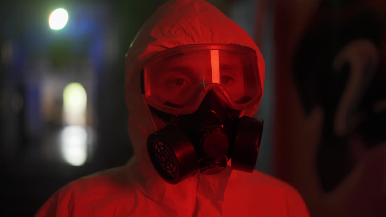 портрет мужчины в защитном костюме прогуливается по темному дымовому залу