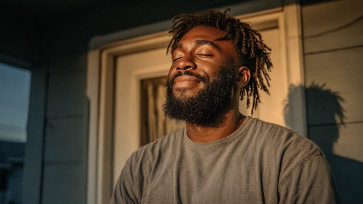 A moment of serenity captured, where a man enjoys the warmth of sunlight on his face, embodying peace and relaxation in a tranquil setting