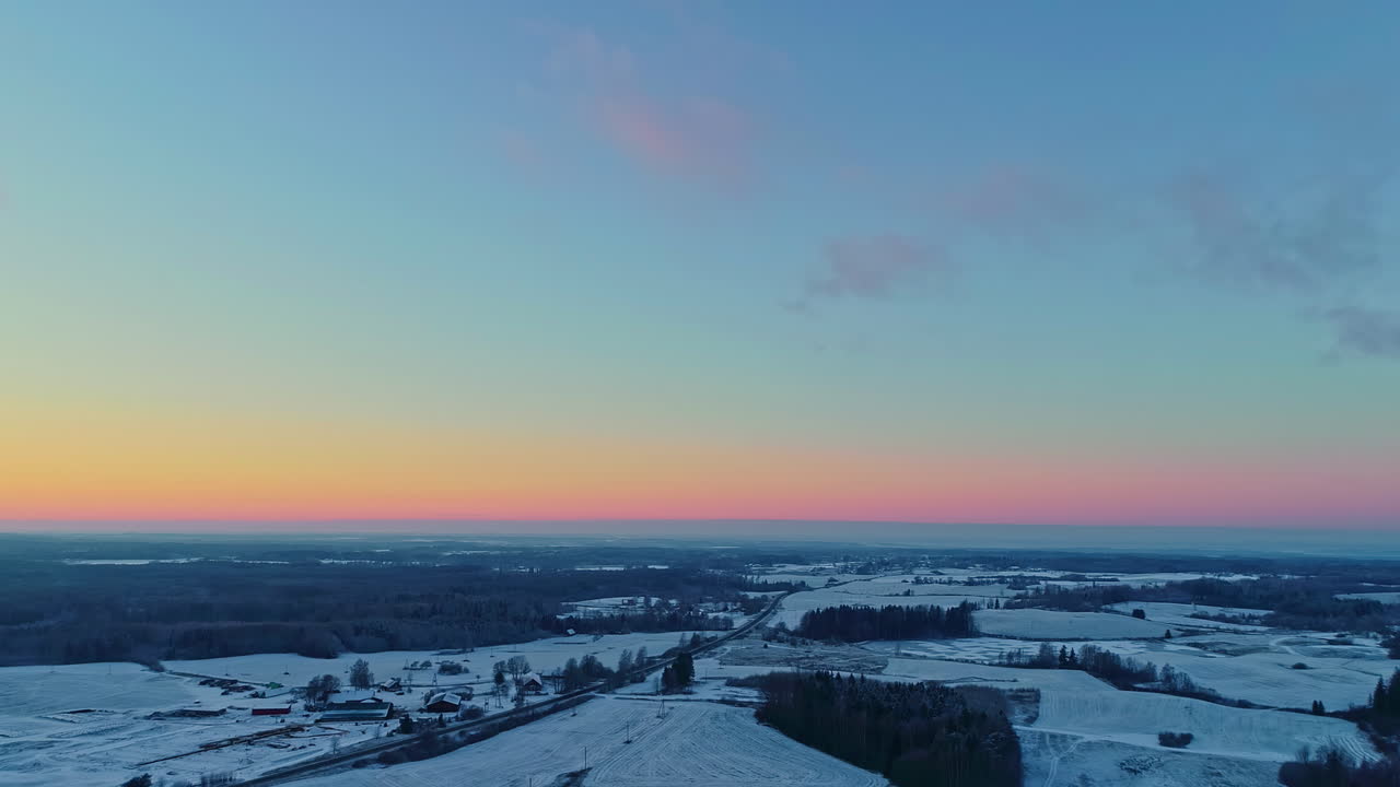 Winterly Plain Nature Landscape At Sunset. Aerial Wide Shot