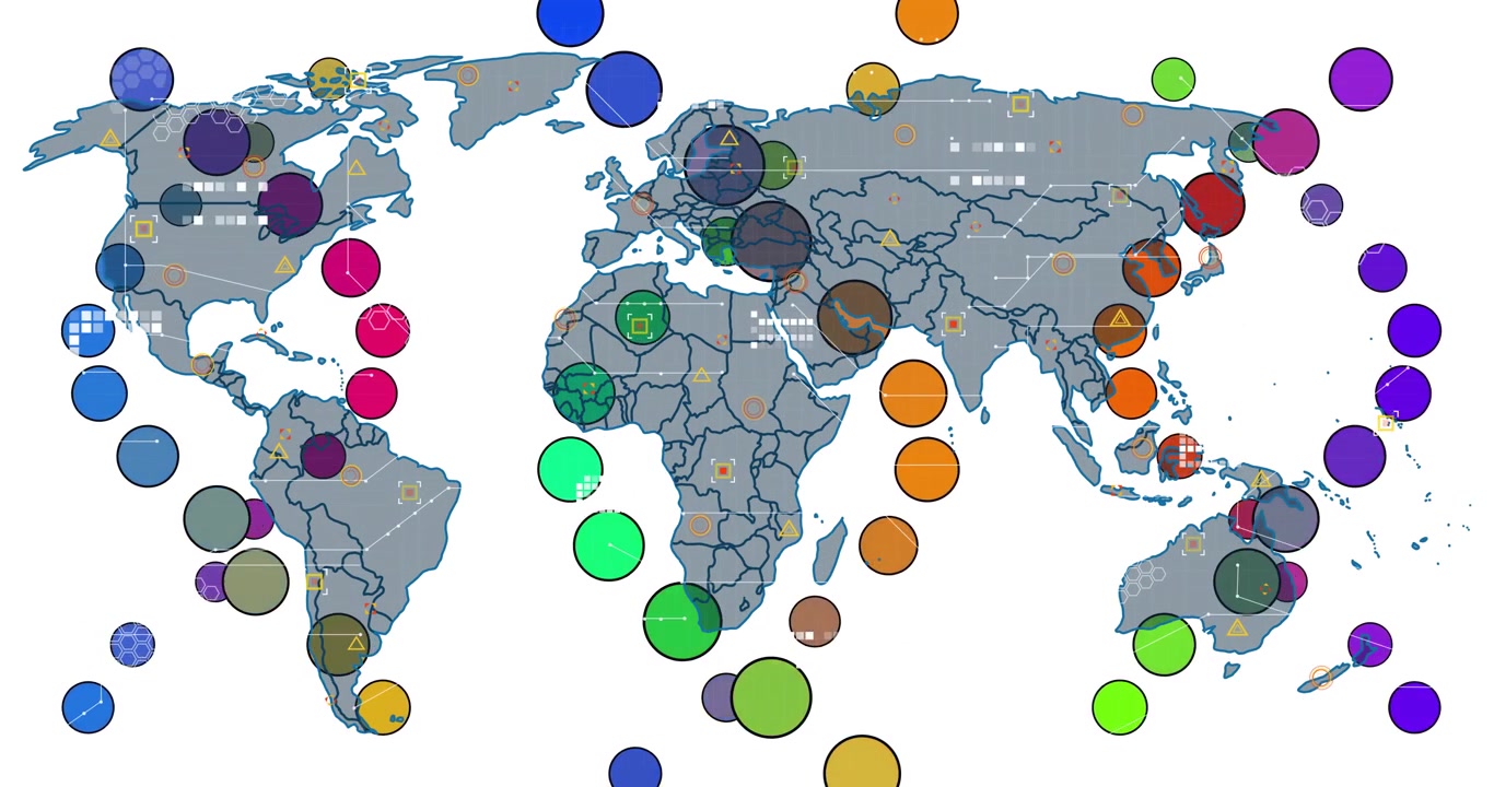 Mappa del mondo digitale con punti dati animati e connettività globale