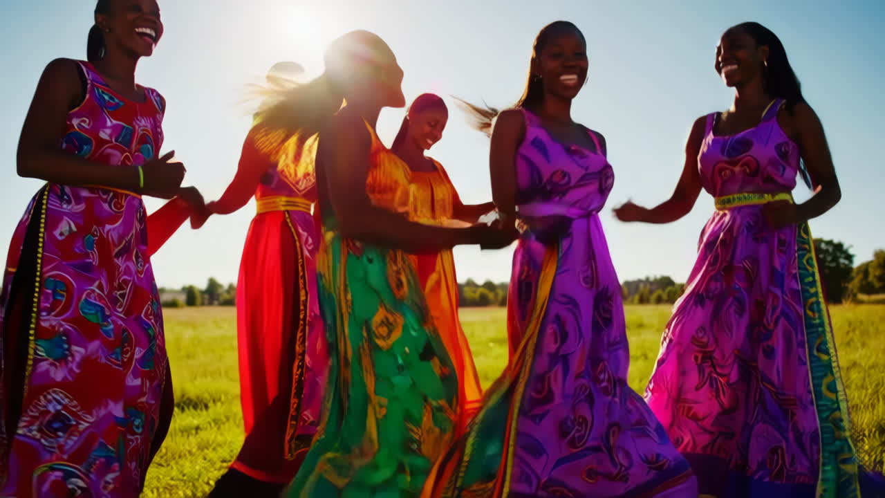 African Women Dancing in Colorful Dresses
