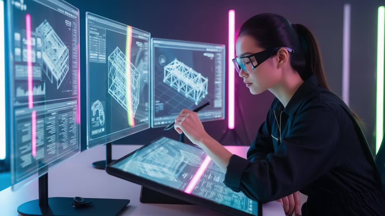 A Focused Designer Utilizing Advanced Digital Interfaces to Create Complex 3D Models and Blueprints in a Futuristic Workspace Environment