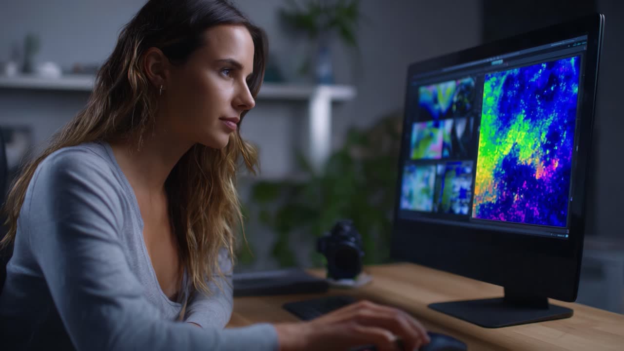 Immerso in un flusso di lavoro creativo: una persona concentrata analizza dati digitali colorati sullo schermo di un computer in un elegante ambiente di lavoro