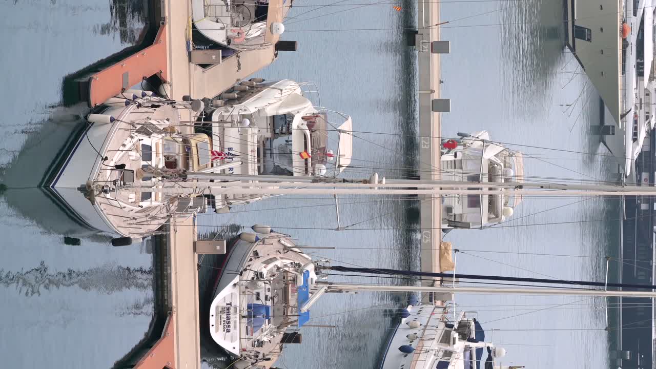 Aerial drone view of boats docked in the Port Vell in Barcelona, Spain. Vertical