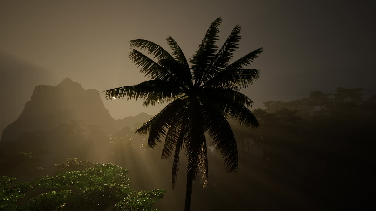 amanecer tropical en una jungla de niebla