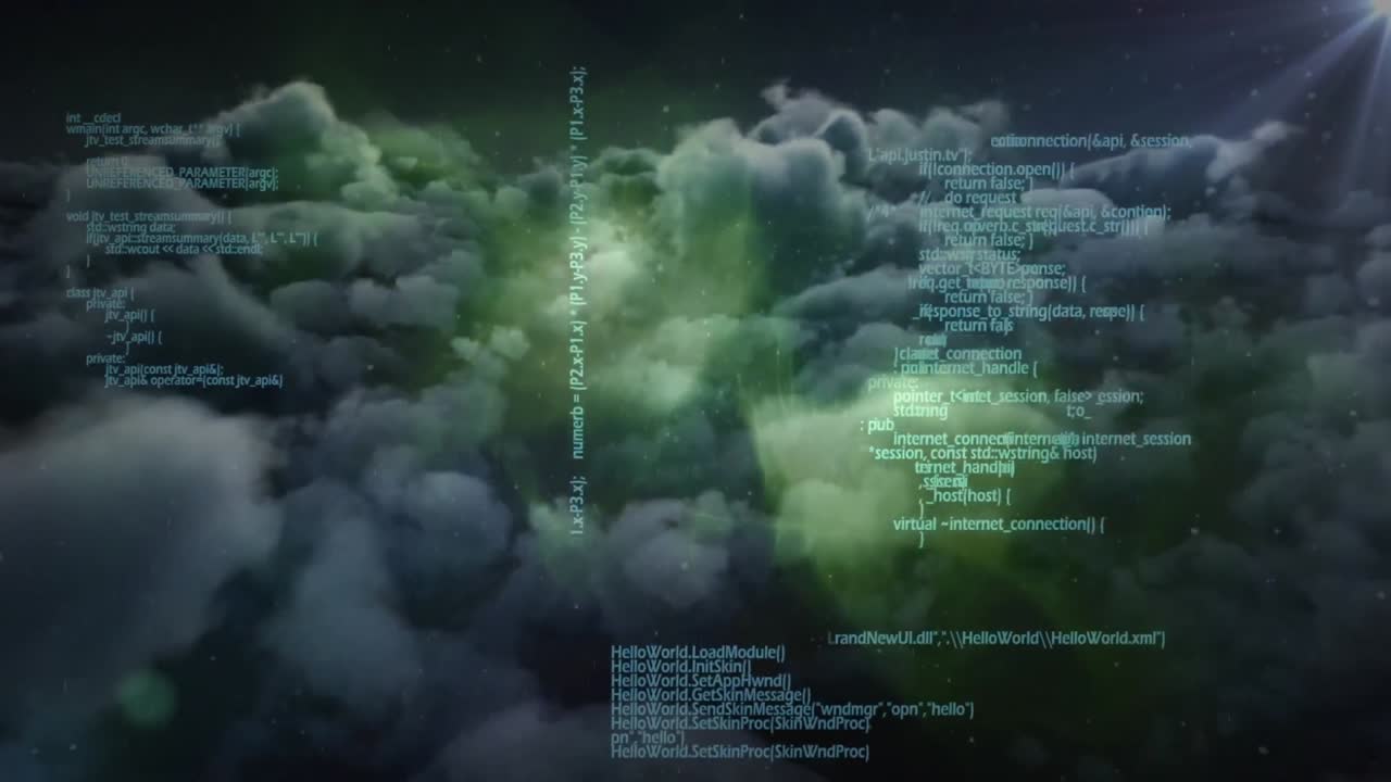 Animation of data processing over clouds on black background
