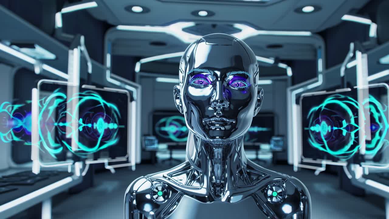 Female Robot in Futuristic Control Room