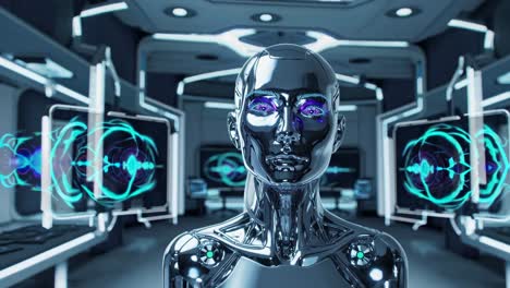 Female Robot in Futuristic Control Room