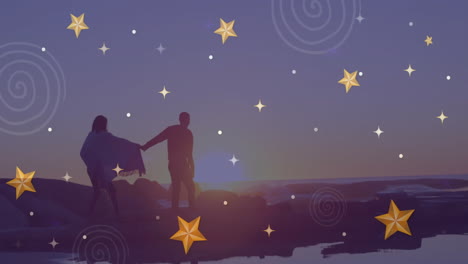 silhouetted couple holding hands on beach with starry animation overlay