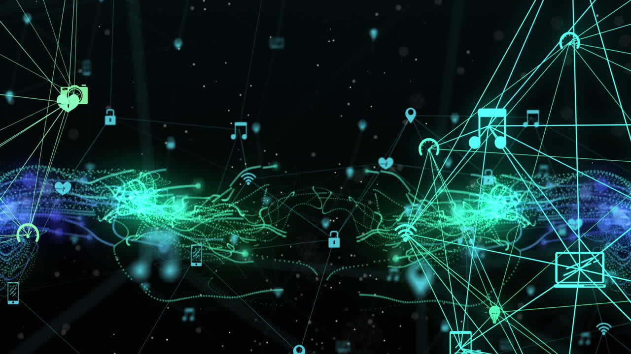 Animation of glowing green network of connections and media icons moving on black background