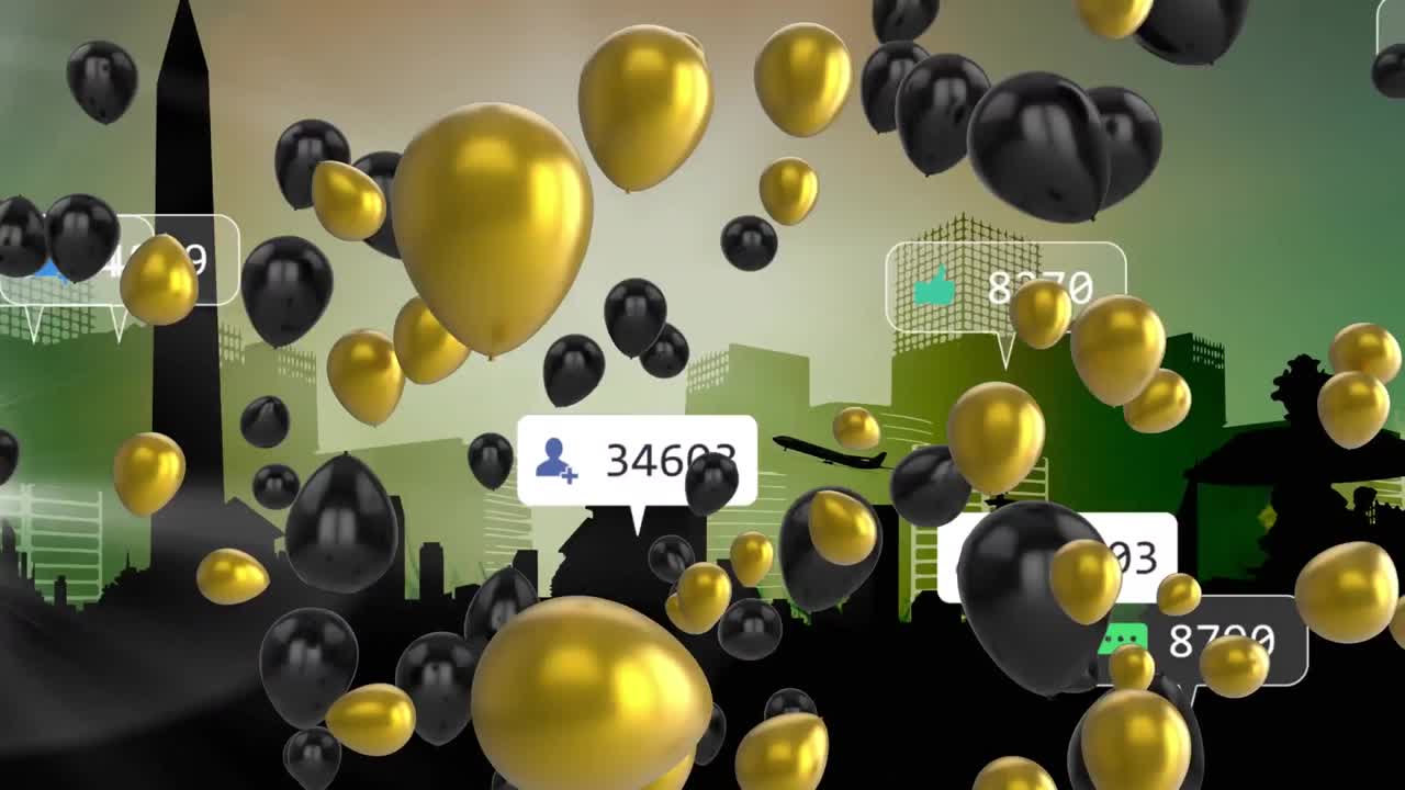 animación de notificaciones de redes sociales, con globos negros y dorados, sobre el paisaje urbano