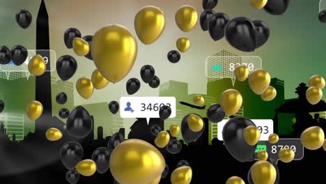 Animation-of-social-network-notifications,-with-black-and-gold-balloons,-over-cityscape
