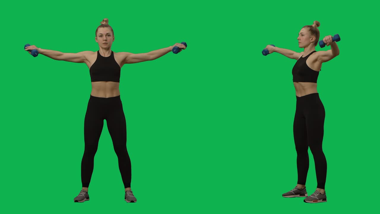 mujer joven en ropa deportiva hace ejercicios con pesas. entrenamiento de manos, fitness para mujeres. 2 en 1 collage frente y lado vista completa en fondo de pantalla verde. cámara lenta lista 59.94fps