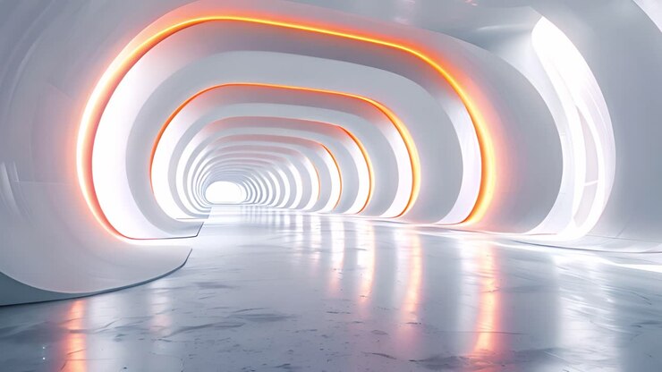 Tunnel bianco futuristico con bagliore arancione