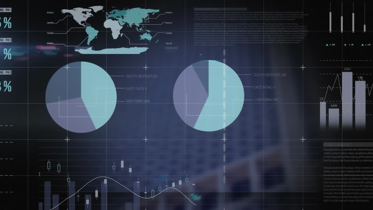 animación del procesamiento de datos estadísticos contra edificios altos