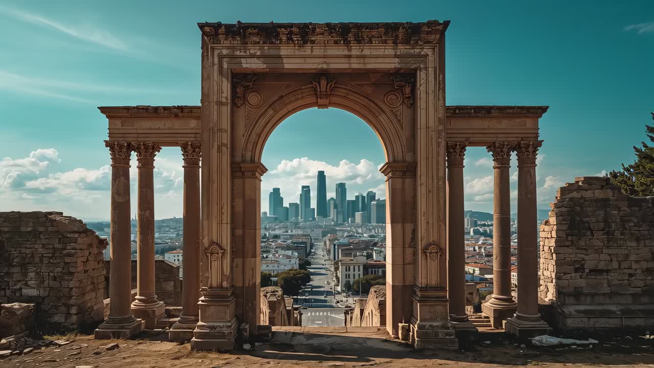 Framing ornate stone arch and columns, drone hovering and causing gentle steadiness for city view