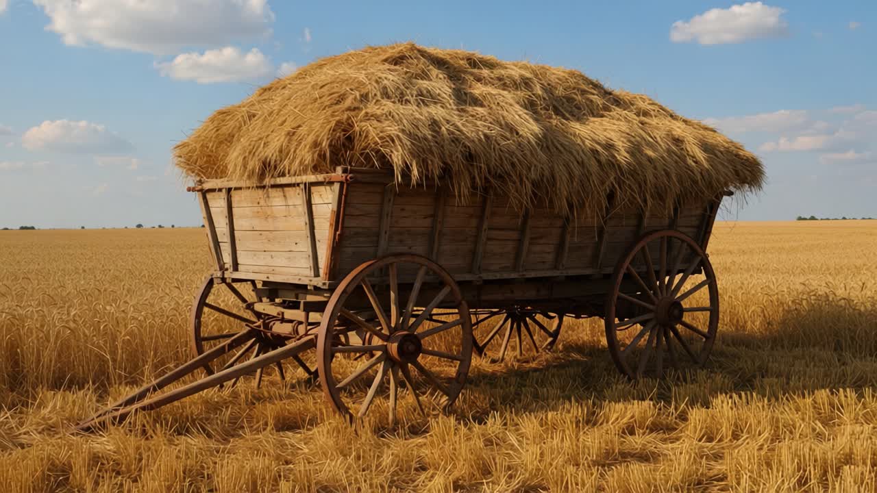 A rustic wooden wagon filled with freshly harvested hay stands against a backdrop of golden fields under a serene blue sky, capturing the essence of traditional farming life