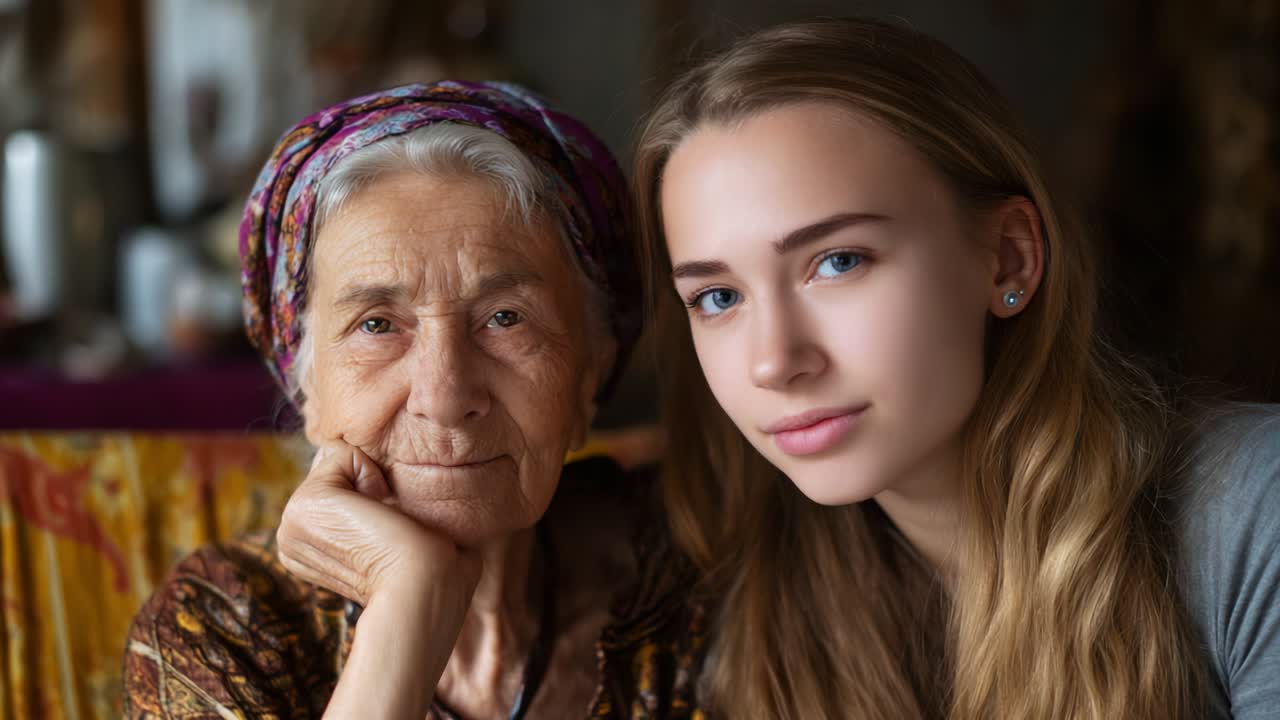 Emotional Connection Between Generations: A Captivating Portrait of a Young Woman and Her Elderly Relative, Capturing the Depths of Family Bonds, Wisdom, and Shared Moments Through Their Intimate Expressions