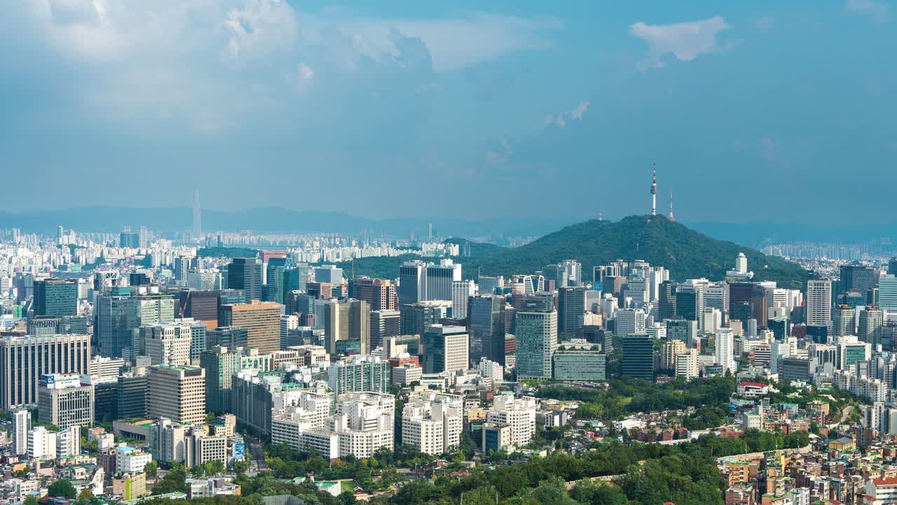 Seoul Cityscape Time Lapse, Seoul Skyline Panorama with Many Downtown Skyscrapers Buildings, N Seoul Namsan Tower, View from Inwangsan Mountain - Bird's Eye