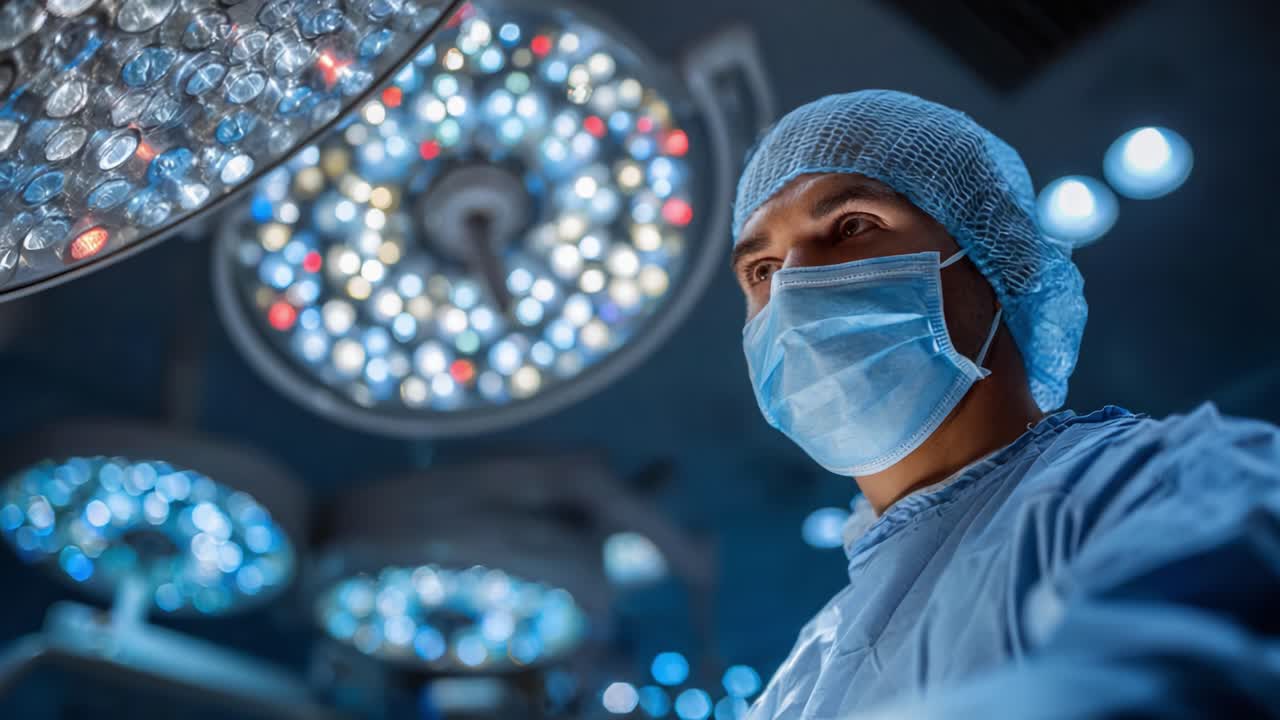 Un chirurgo concentrato si prepara per un intervento delicato sotto le luci chirurgiche e con attrezzature avanzate in una sala operatoria moderna