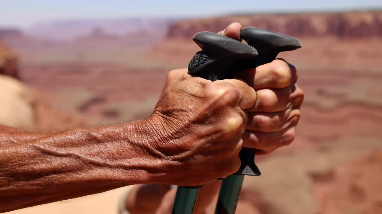 Hands Gripping Trekking Poles In Canyon, Sunlit Weathered Hands Of Seasoned Hiker Steady On Ridge, Panoramic