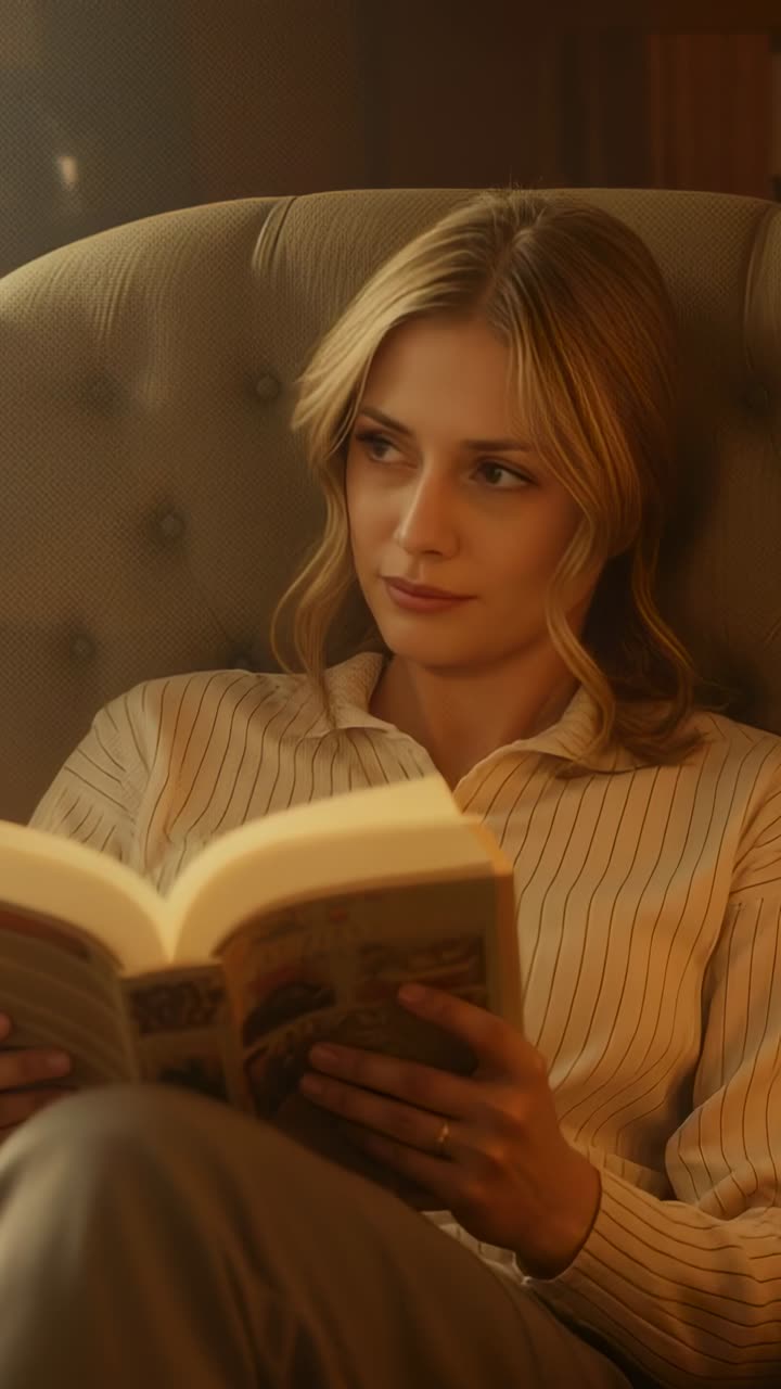 Вертикальное видео: Читающая женщина в полосатом топе держит книгу в кресле, слышит звук и оглядывается.