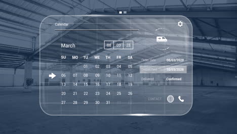 animación de la interfaz digital con iconos y procesamiento de datos en un almacén vacío