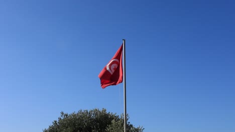 red tunisian flag waving in clear blue sky, symbol of national pride