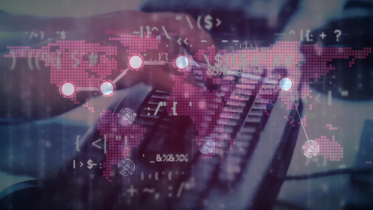 animación del procesamiento de datos y el mapa del mundo sobre las manos escribiendo en el teclado