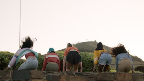 happy woman, friends and jumping in air