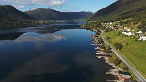 aerial over syvde waterfront, vanylven municipality, norway